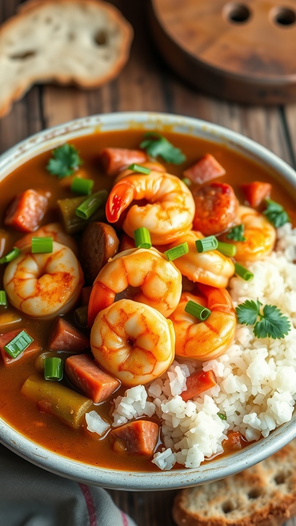Spicy Shrimp Gumbo Recipe A delicious bowl of shrimp gumbo with shrimp, sausage, and vegetables served over rice, garnished with green onions and parsley.